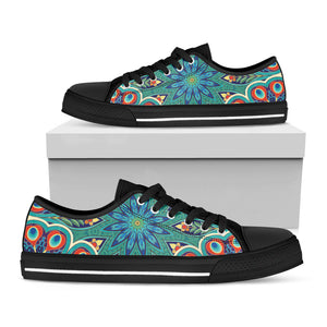 Peacock Feather Floral Pattern Print Black Low Top Sneakers