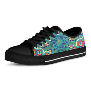Peacock Feather Floral Pattern Print Black Low Top Sneakers