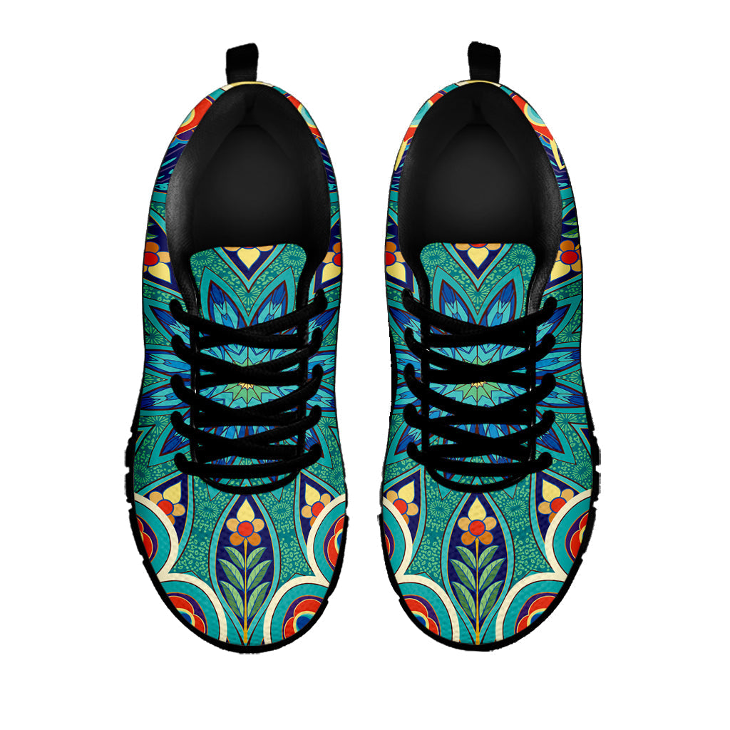 Peacock Feather Floral Pattern Print Black Running Shoes