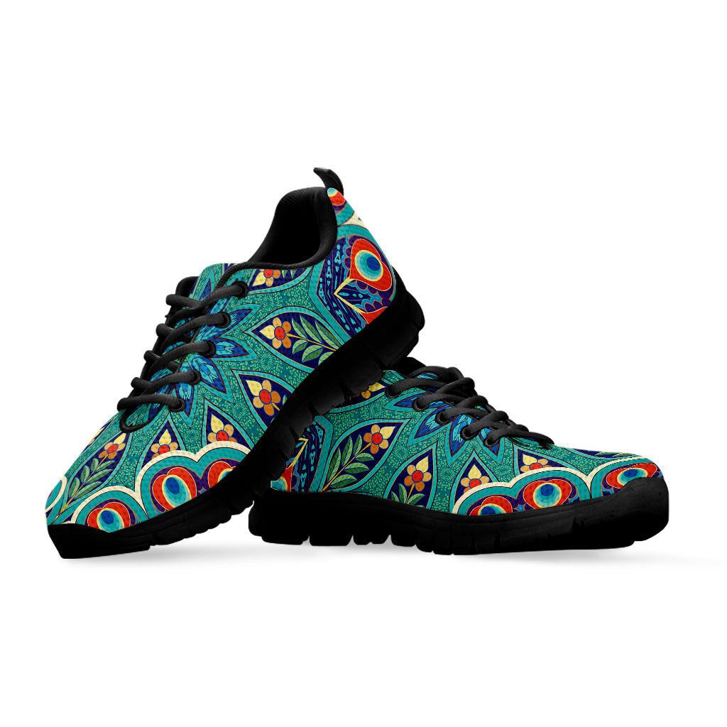 Peacock Feather Floral Pattern Print Black Running Shoes
