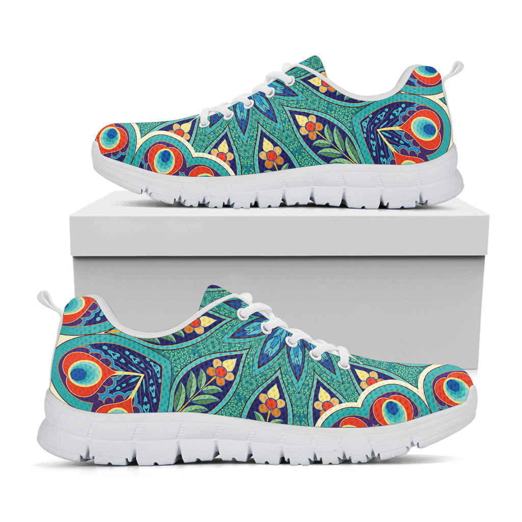 Peacock Feather Floral Pattern Print White Running Shoes