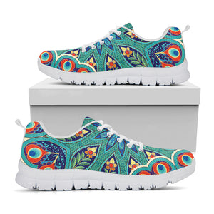 Peacock Feather Floral Pattern Print White Running Shoes