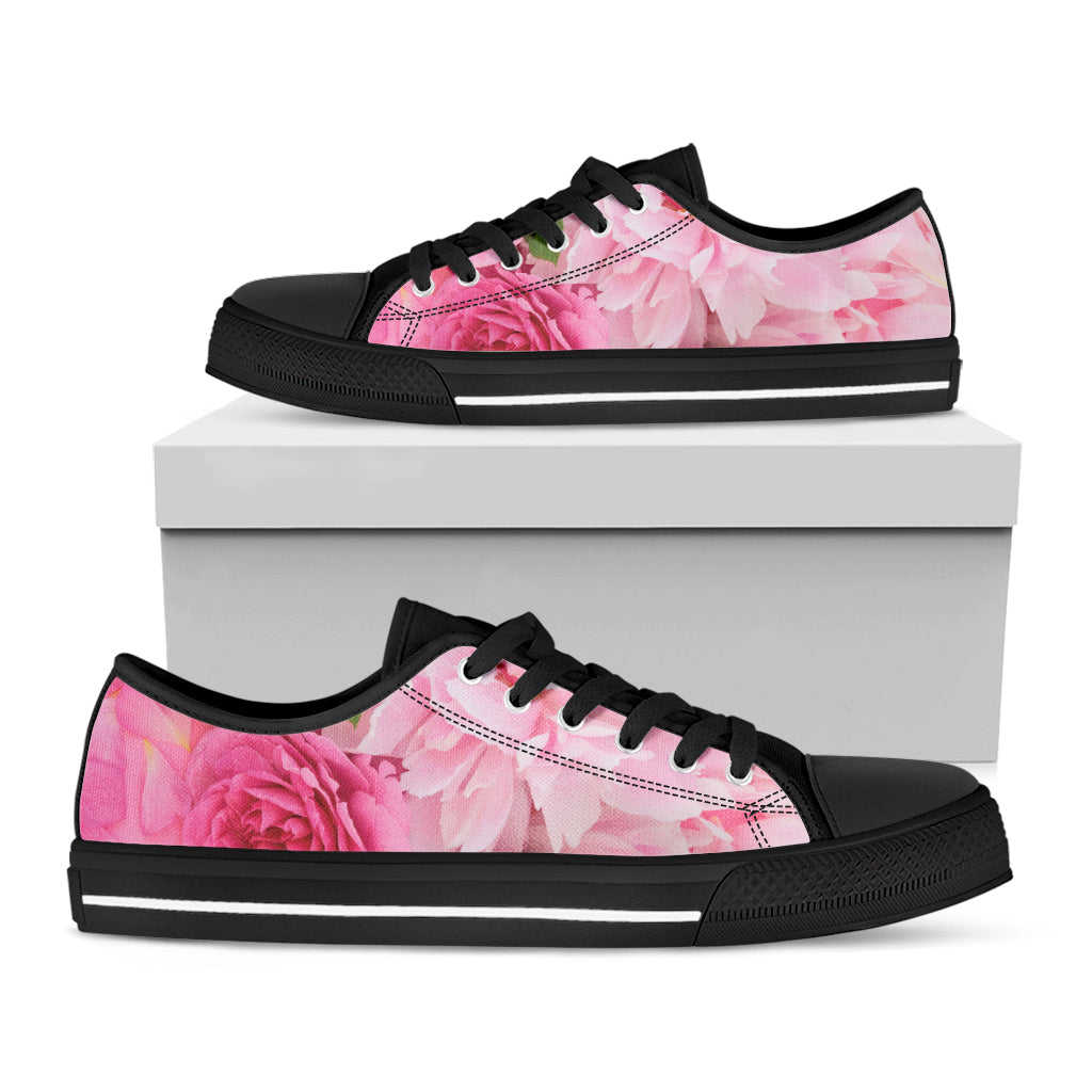 Peony And Rose Print Black Low Top Sneakers