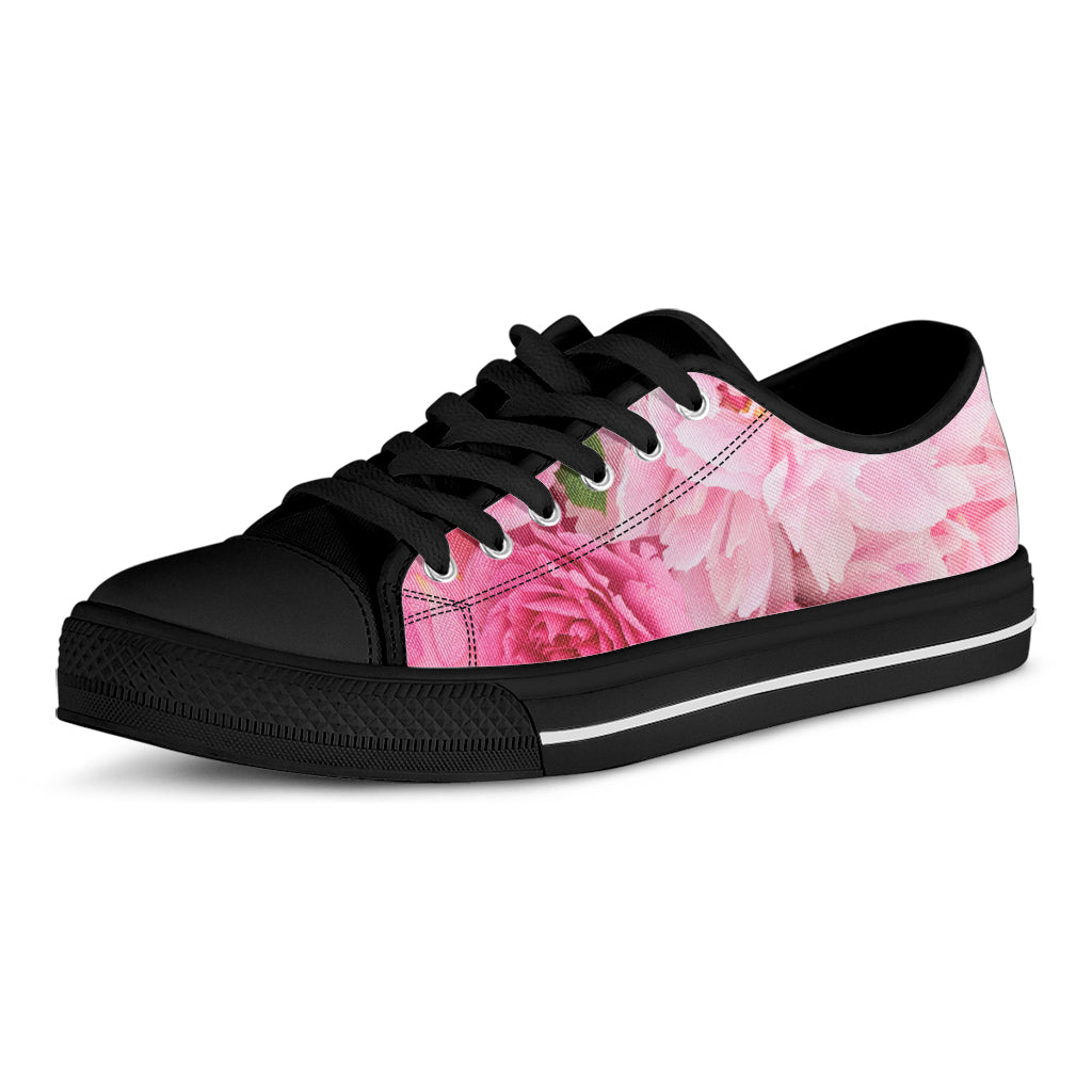 Peony And Rose Print Black Low Top Sneakers
