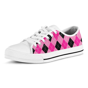 Pink And Black Argyle Pattern Print White Low Top Sneakers