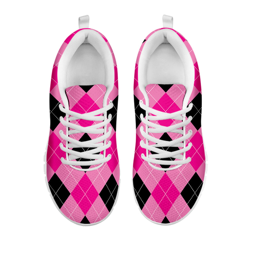 Pink And Black Argyle Pattern Print White Running Shoes