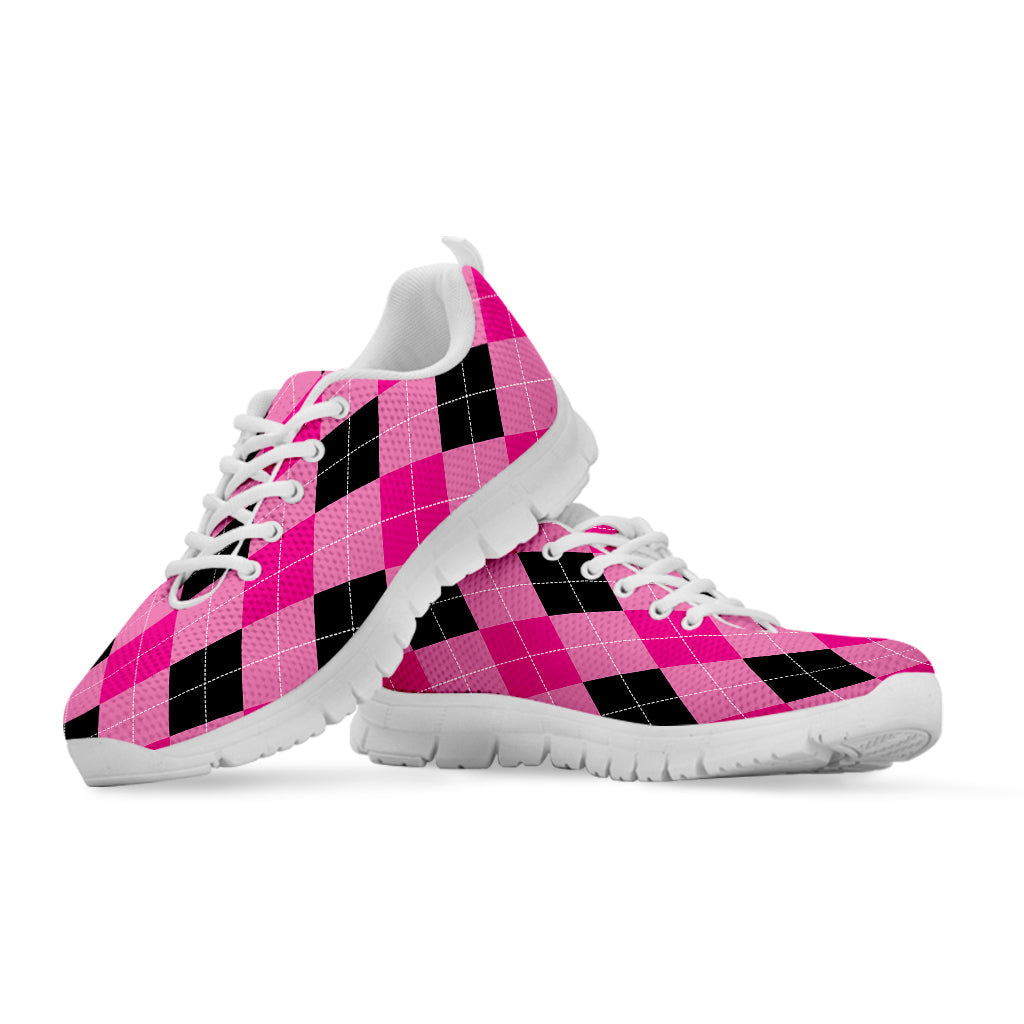 Pink And Black Argyle Pattern Print White Running Shoes