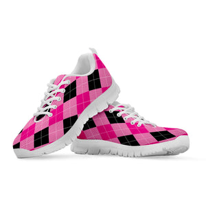 Pink And Black Argyle Pattern Print White Running Shoes