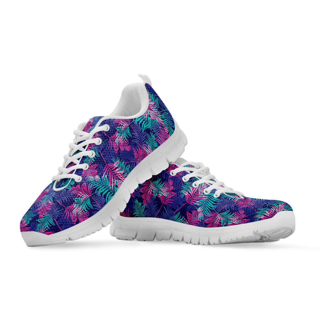 Pink And Blue Tropical Palm Leaf Print White Running Shoes