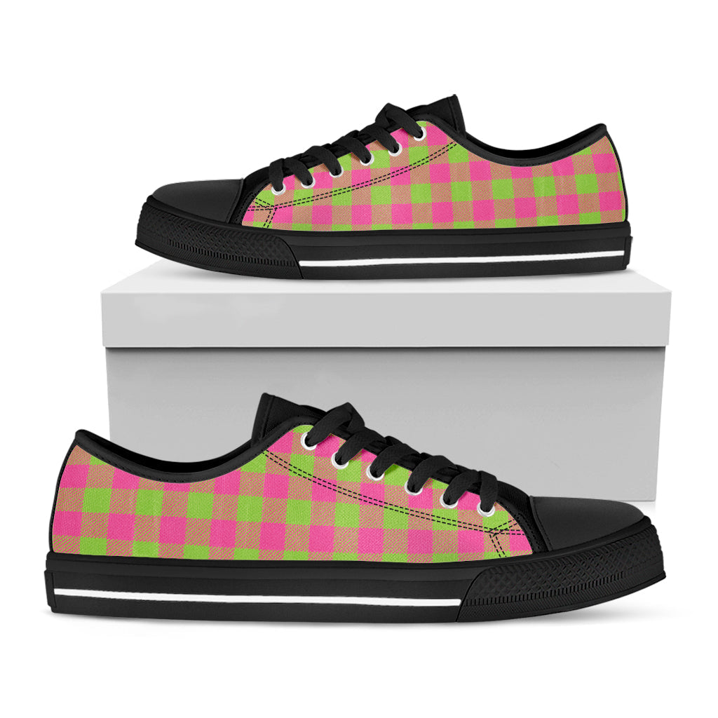 Pink And Green Buffalo Plaid Print Black Low Top Sneakers
