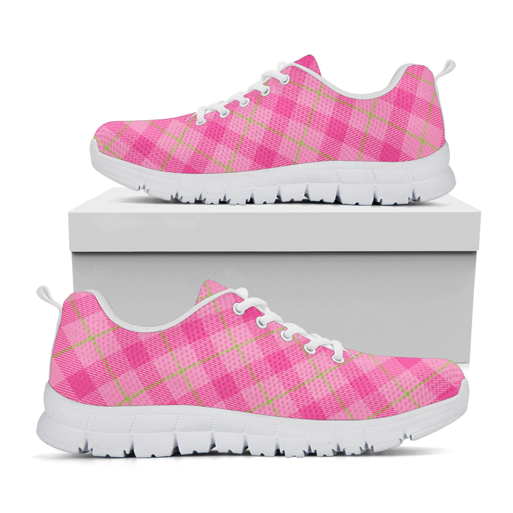 Pink And Green Plaid Pattern Print White Running Shoes