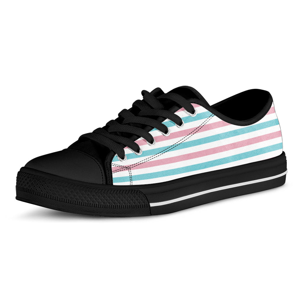 Pink And Teal Striped Pattern Print Black Low Top Sneakers