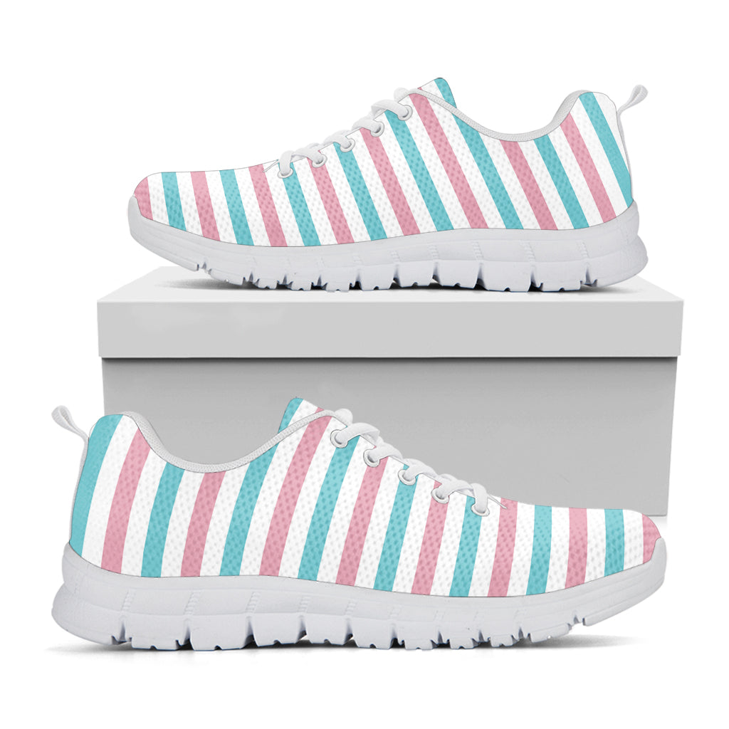 Pink And Teal Striped Pattern Print White Running Shoes