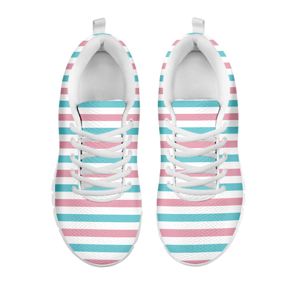 Pink And Teal Striped Pattern Print White Running Shoes