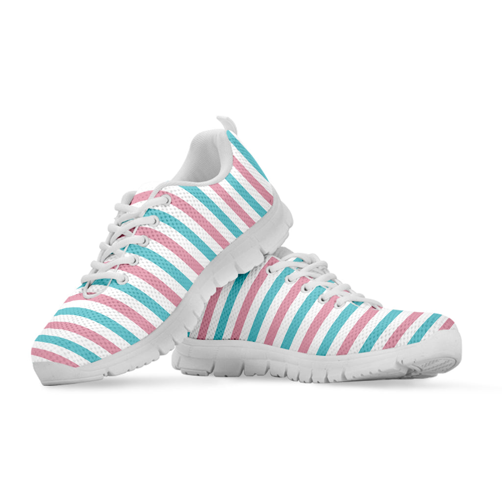 Pink And Teal Striped Pattern Print White Running Shoes
