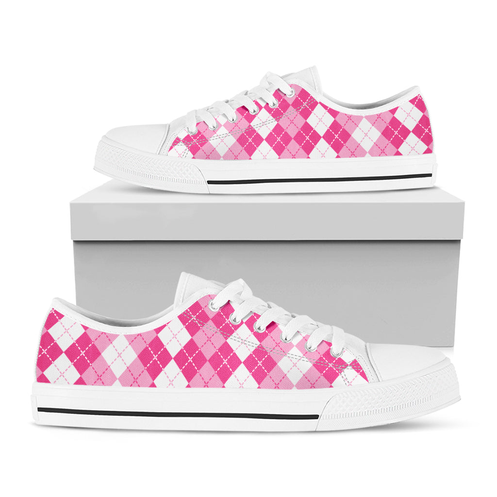 Pink And White Argyle Pattern Print White Low Top Sneakers