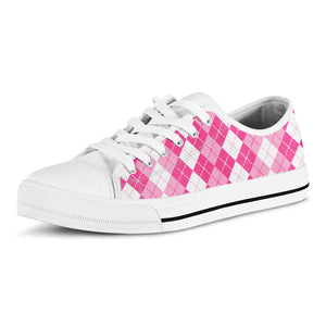 Pink And White Argyle Pattern Print White Low Top Sneakers