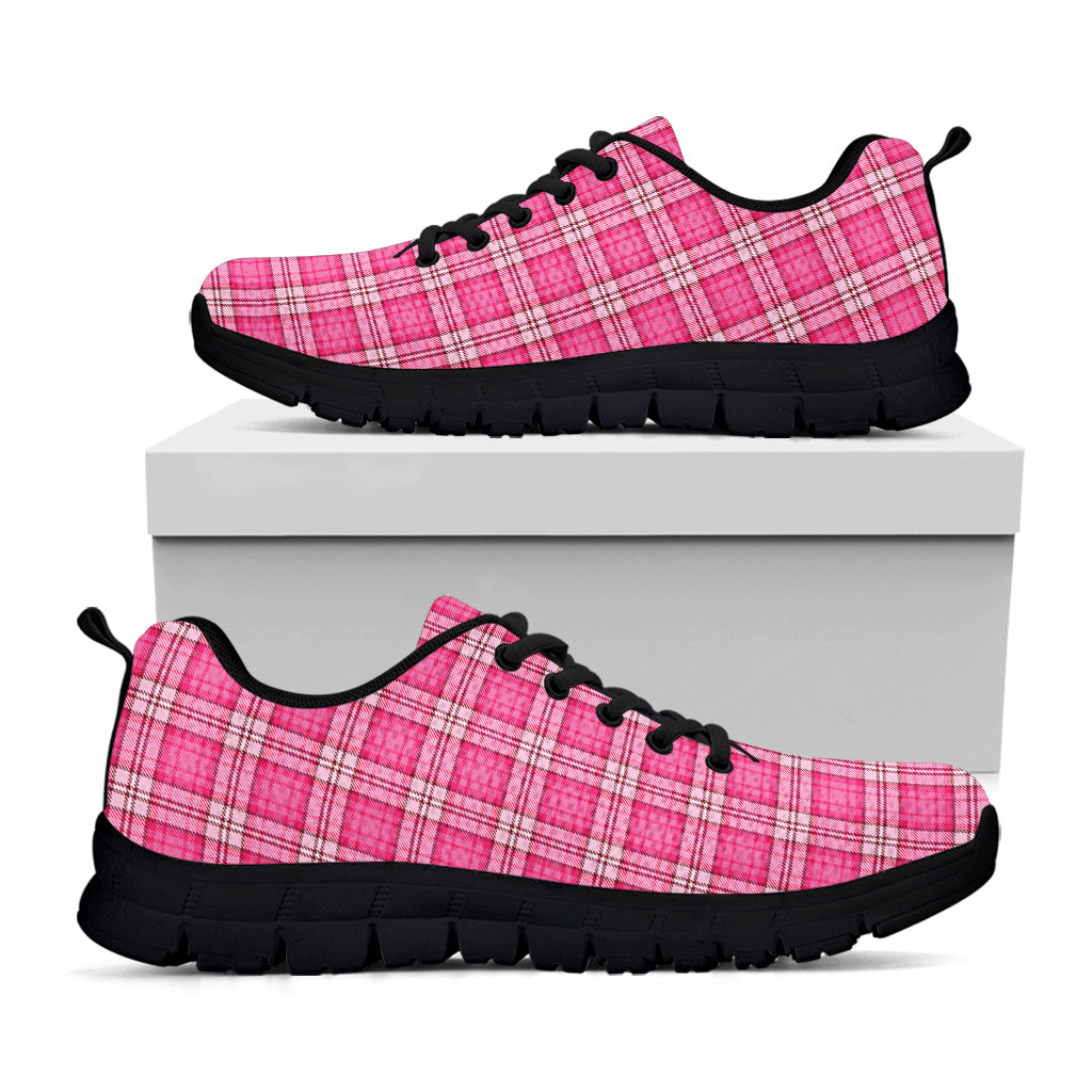 Pink And White Tartan Pattern Print Black Running Shoes