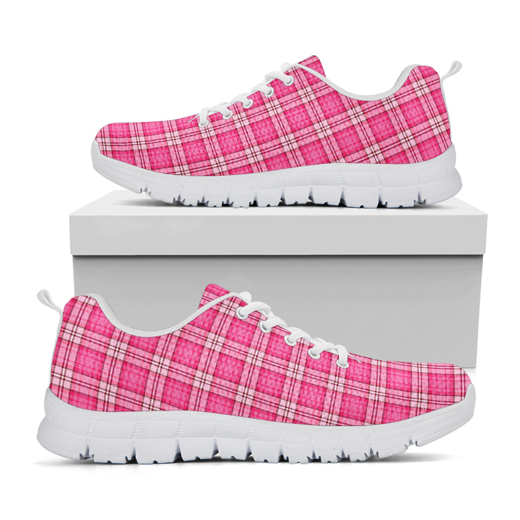 Pink And White Tartan Pattern Print White Running Shoes