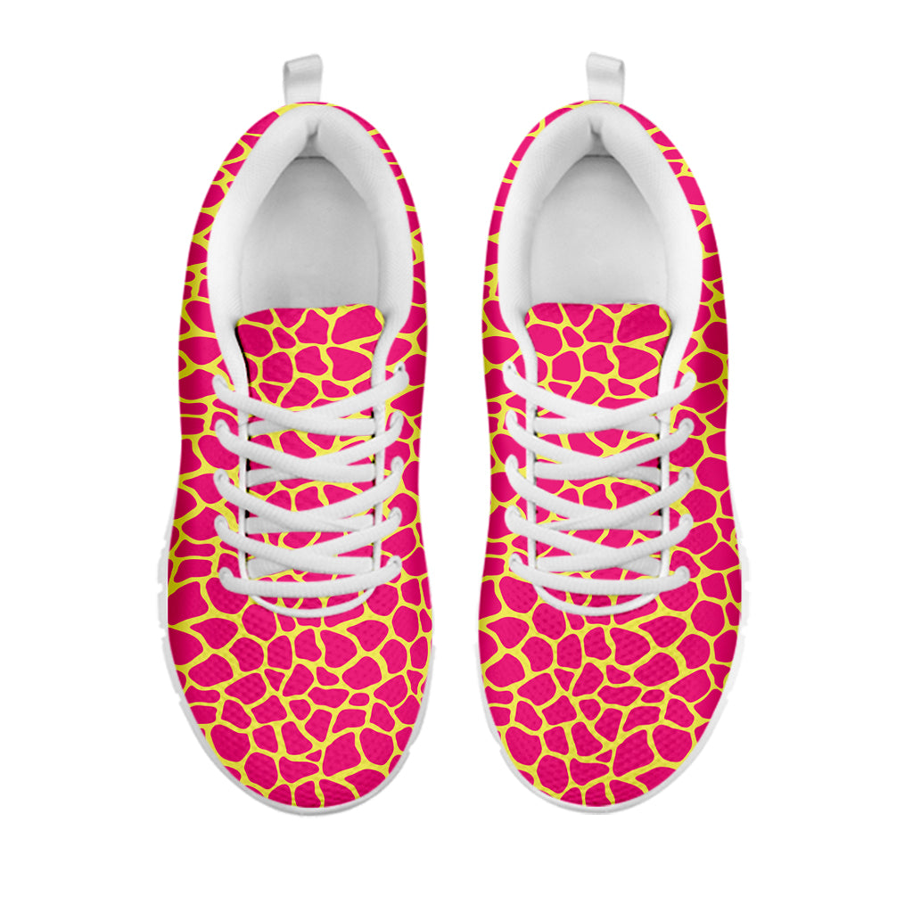 Pink And Yellow Giraffe Pattern Print White Running Shoes