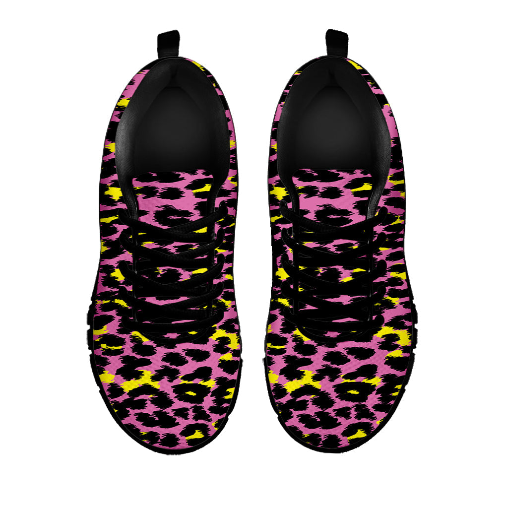 Pink And Yellow Leopard Print Black Running Shoes