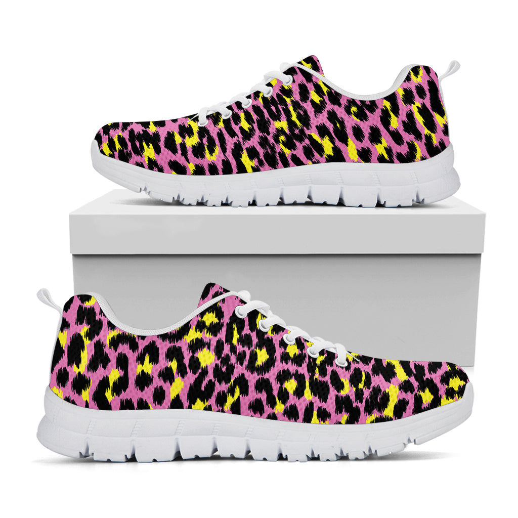Pink And Yellow Leopard Print White Running Shoes