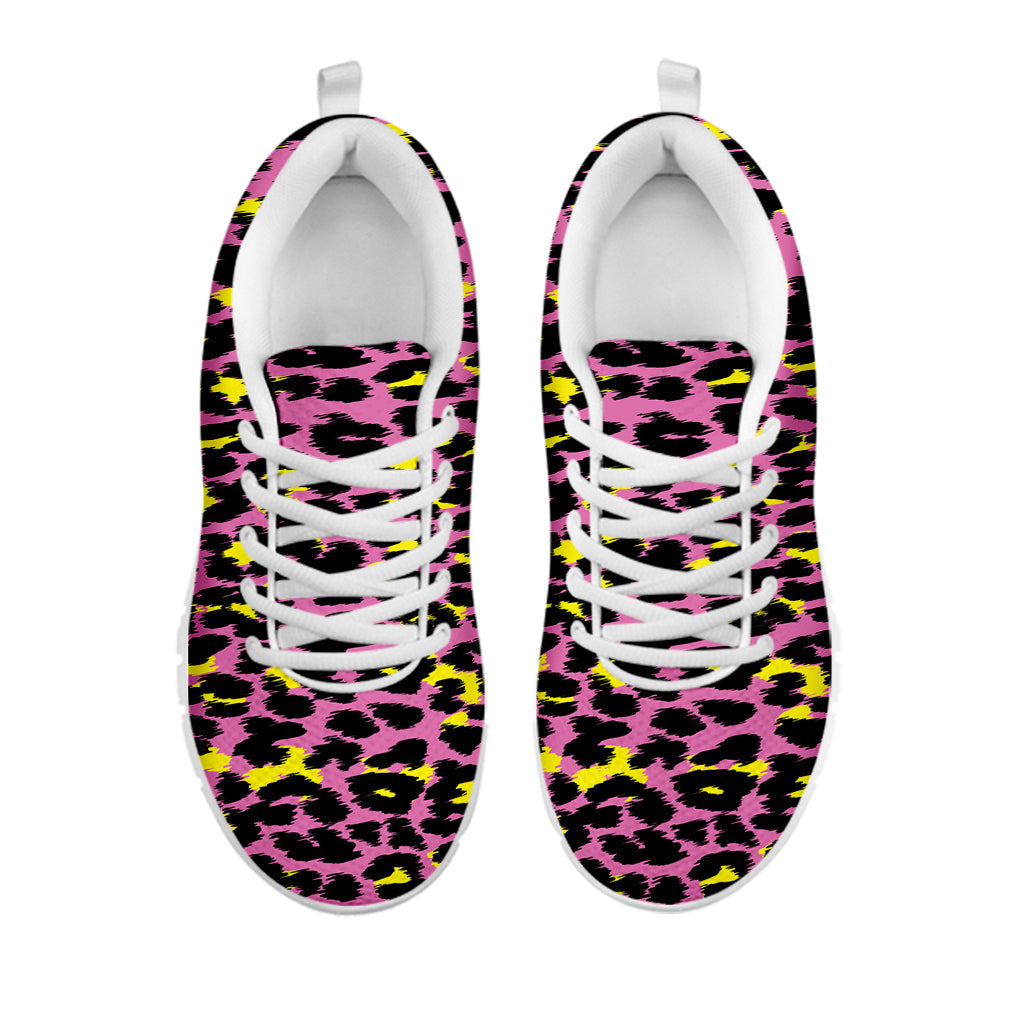 Pink And Yellow Leopard Print White Running Shoes