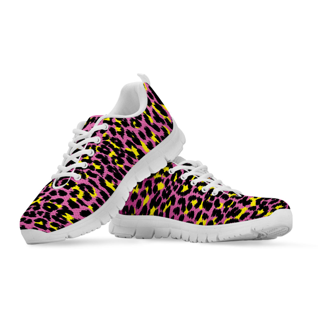 Pink And Yellow Leopard Print White Running Shoes