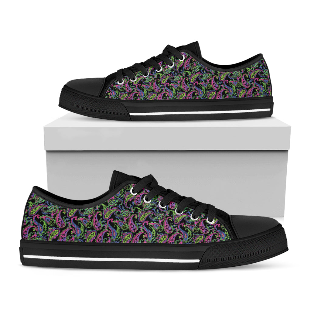 Pink Blue And Green Paisley Print Black Low Top Sneakers