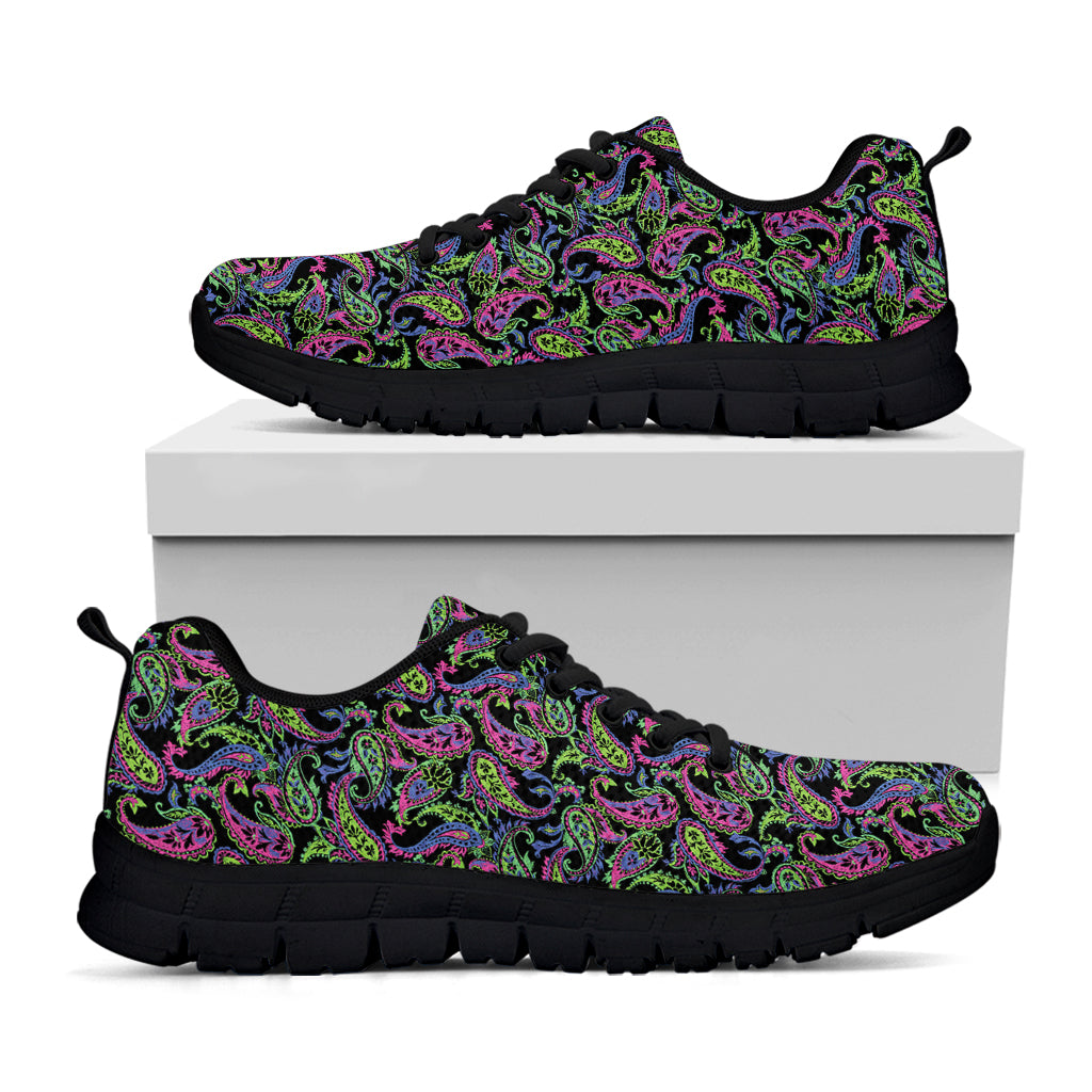 Pink Blue And Green Paisley Print Black Running Shoes