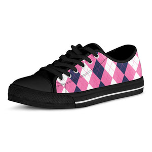 Pink Blue And White Argyle Pattern Print Black Low Top Sneakers