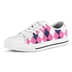 Pink Blue And White Argyle Pattern Print White Low Top Sneakers