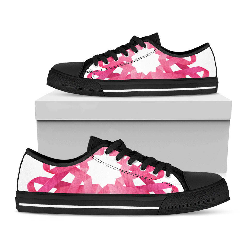 Pink Breast Cancer Ribbon Flower Print Black Low Top Sneakers