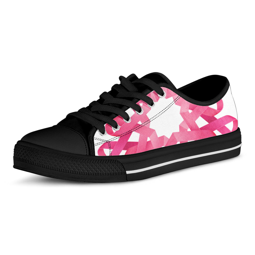 Pink Breast Cancer Ribbon Flower Print Black Low Top Sneakers