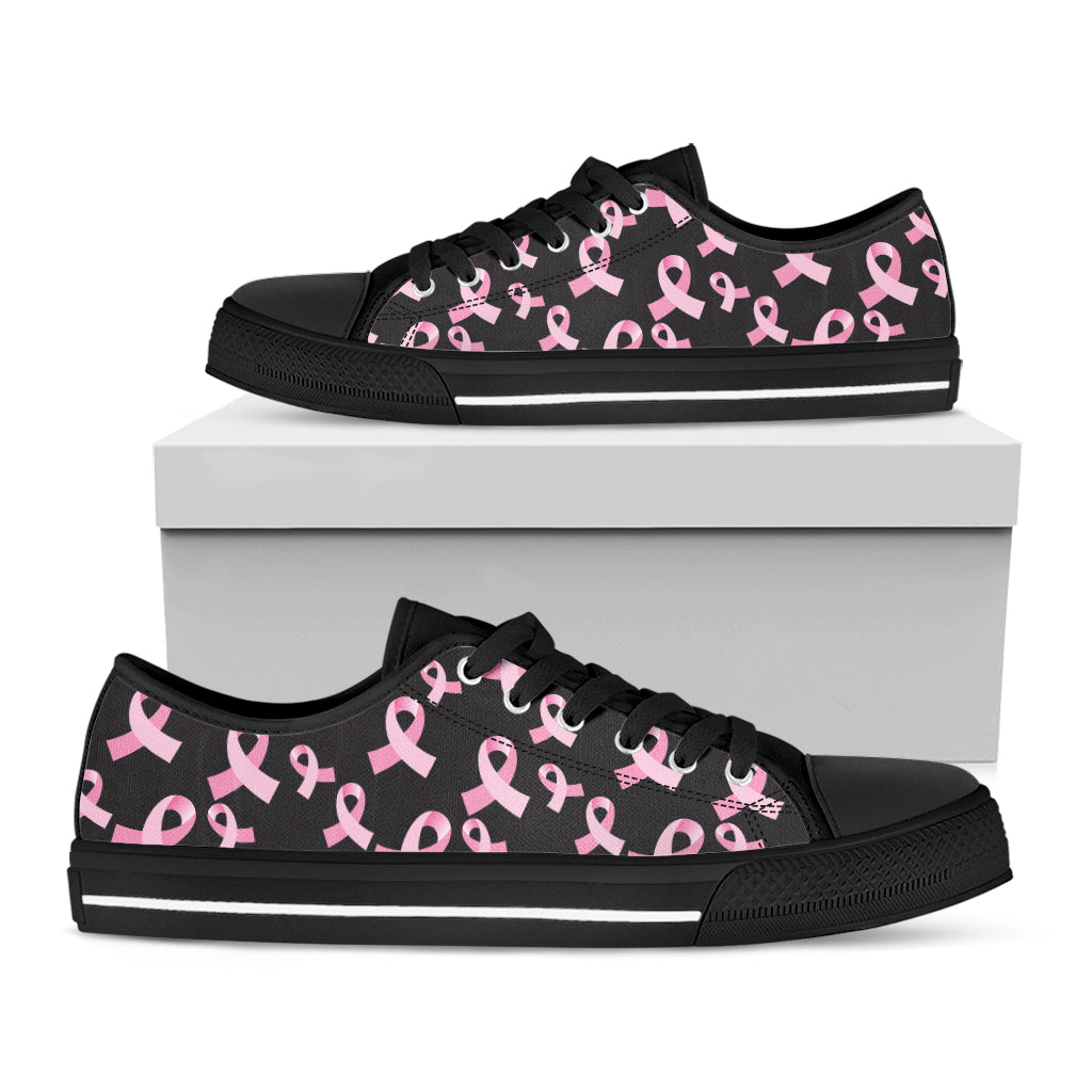 Pink Breast Cancer Ribbon Pattern Print Black Low Top Sneakers