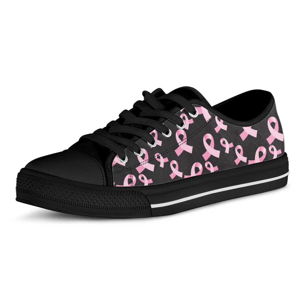 Pink Breast Cancer Ribbon Pattern Print Black Low Top Sneakers