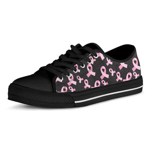 Pink Breast Cancer Ribbon Pattern Print Black Low Top Sneakers