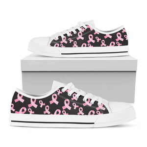 Pink Breast Cancer Ribbon Pattern Print White Low Top Sneakers