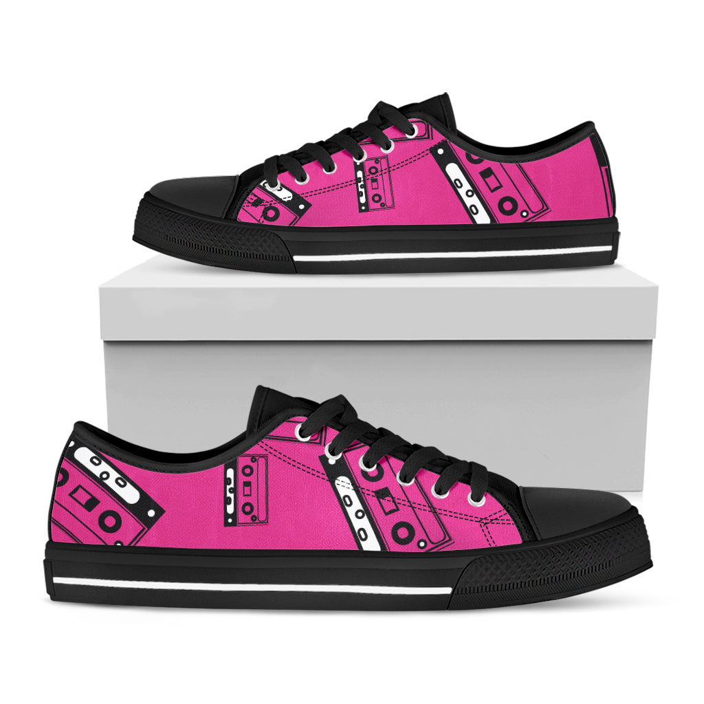 Pink Cassette Tape Pattern Print Black Low Top Sneakers