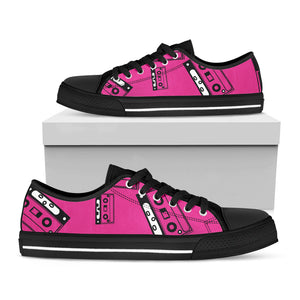 Pink Cassette Tape Pattern Print Black Low Top Sneakers