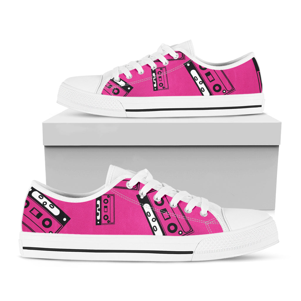 Pink Cassette Tape Pattern Print White Low Top Sneakers