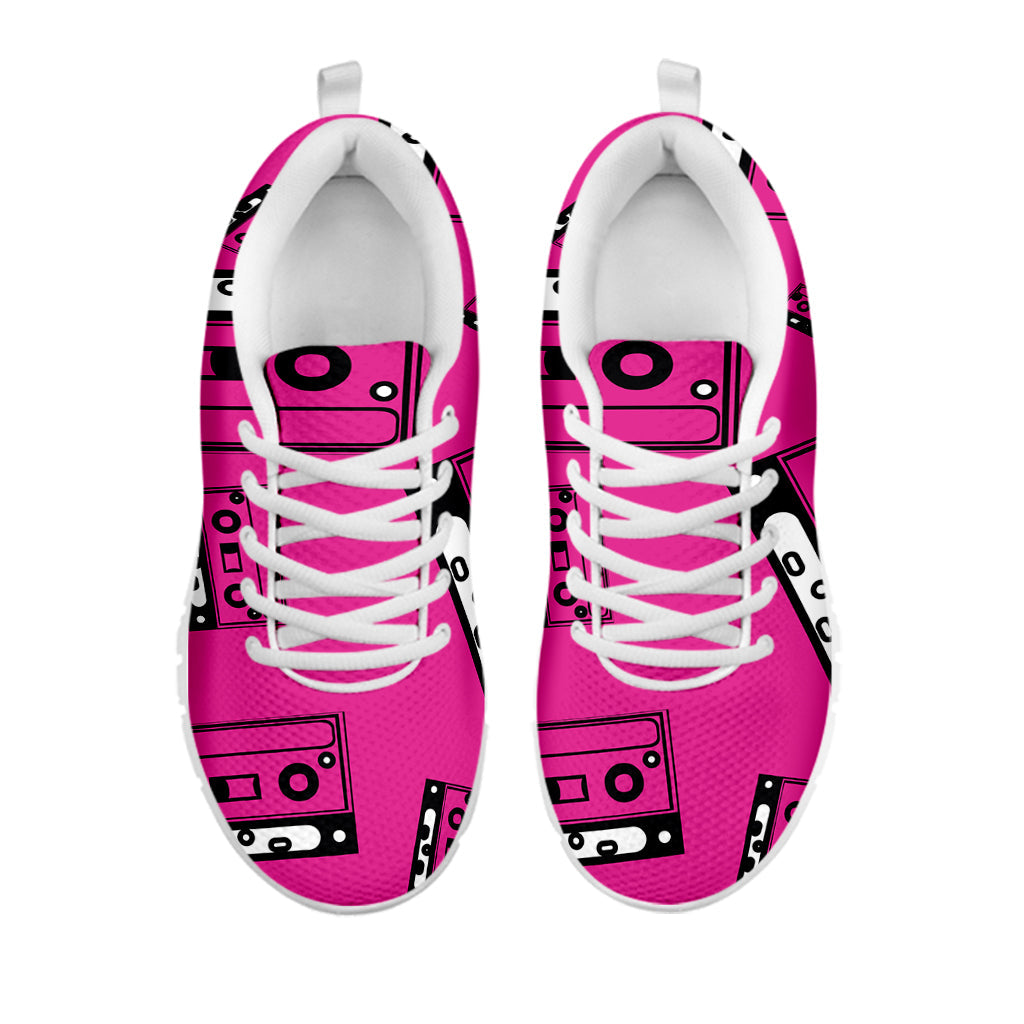 Pink Cassette Tape Pattern Print White Running Shoes