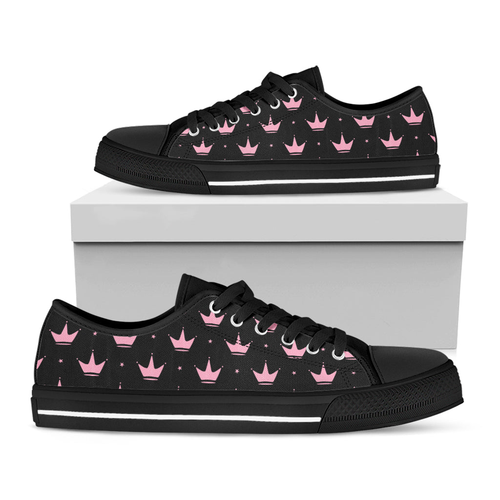 Pink Crown Pattern Print Black Low Top Sneakers