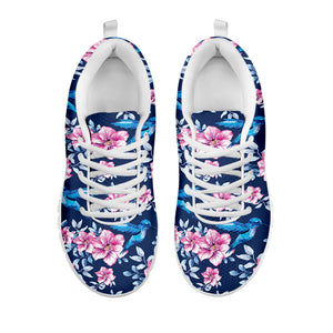 Pink Flowers And Hummingbird Print White Running Shoes