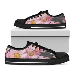 Pink Flowers Print Black Low Top Sneakers