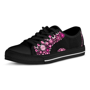 Pink Flowers Yin Yang Print Black Low Top Sneakers