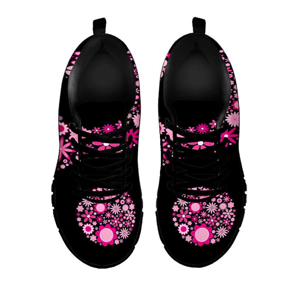Pink Flowers Yin Yang Print Black Running Shoes