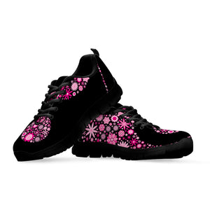 Pink Flowers Yin Yang Print Black Running Shoes