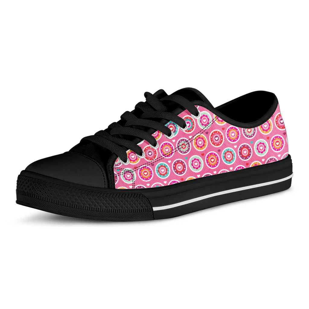 Pink Girly Flower Pattern Print Black Low Top Sneakers