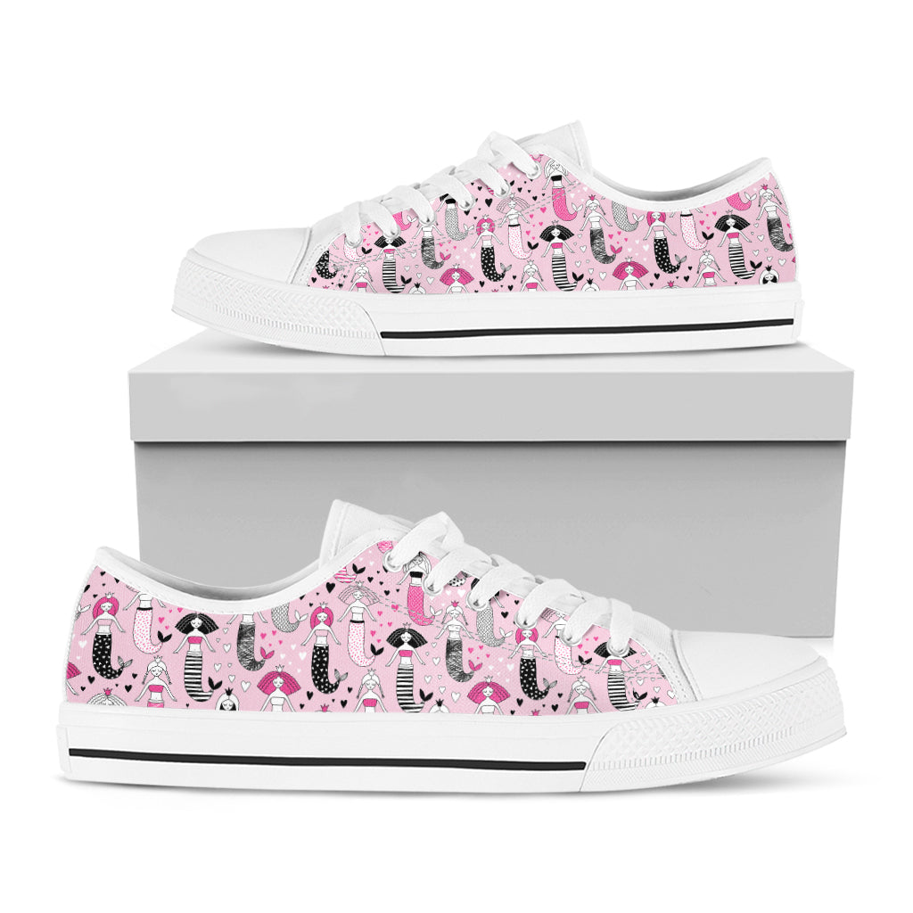Pink Girly Mermaid Pattern Print White Low Top Sneakers